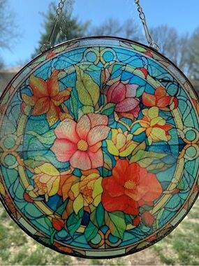 Colorful Floral Sublimated Glass Style Sun Catcher - Blue & Multicolor
